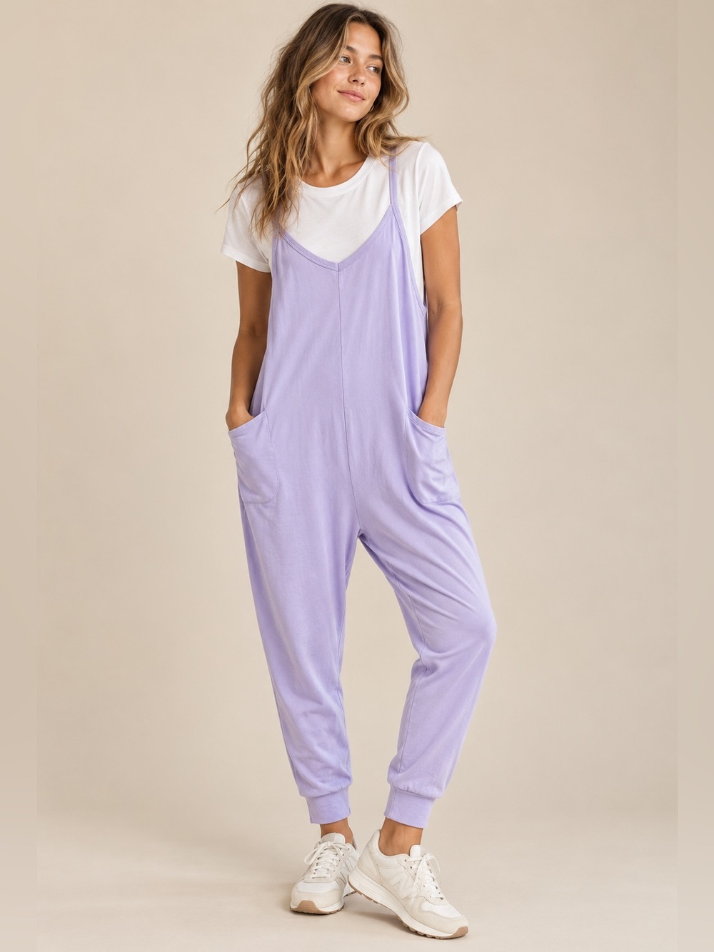 Sundry Anthropologie Slouchy Lavender Jumpsuit White Tee Set Comfy Lounge NWOT S